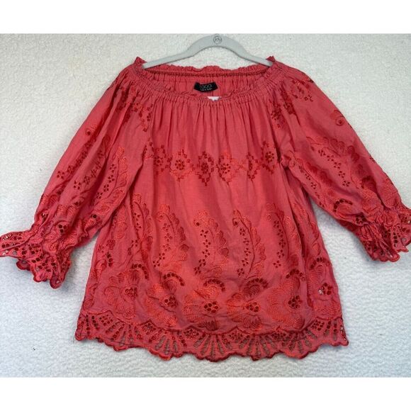 Beggon Tops - Beggon Eyelet Lace Off-The-Shoulder Puff Sleeve Blouse Coral‎ Size 42/ Medium